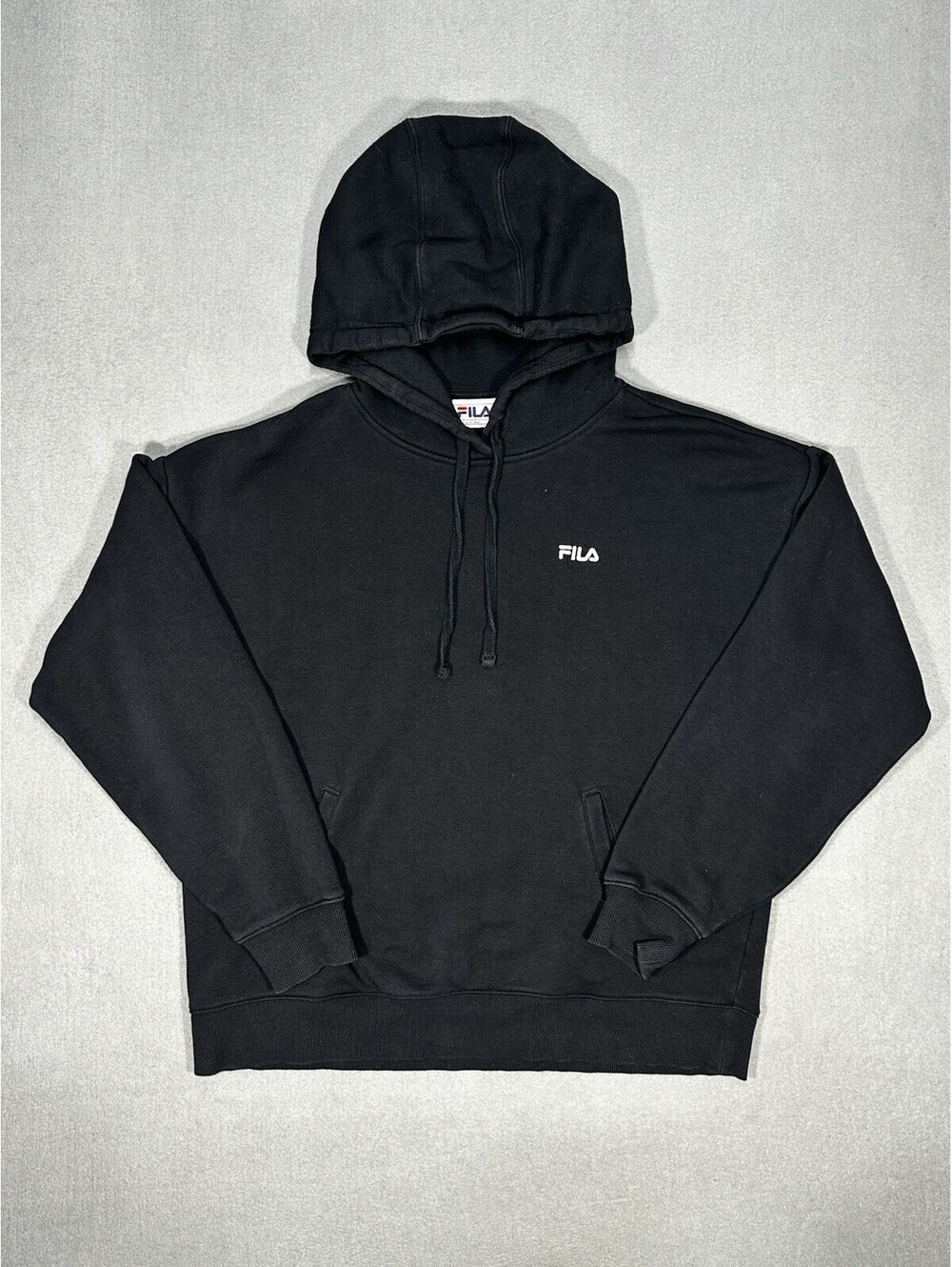 FILA Men’s Hoodie Sweatshirt XL Fits Like L Black Pullover Small Logo Fleece